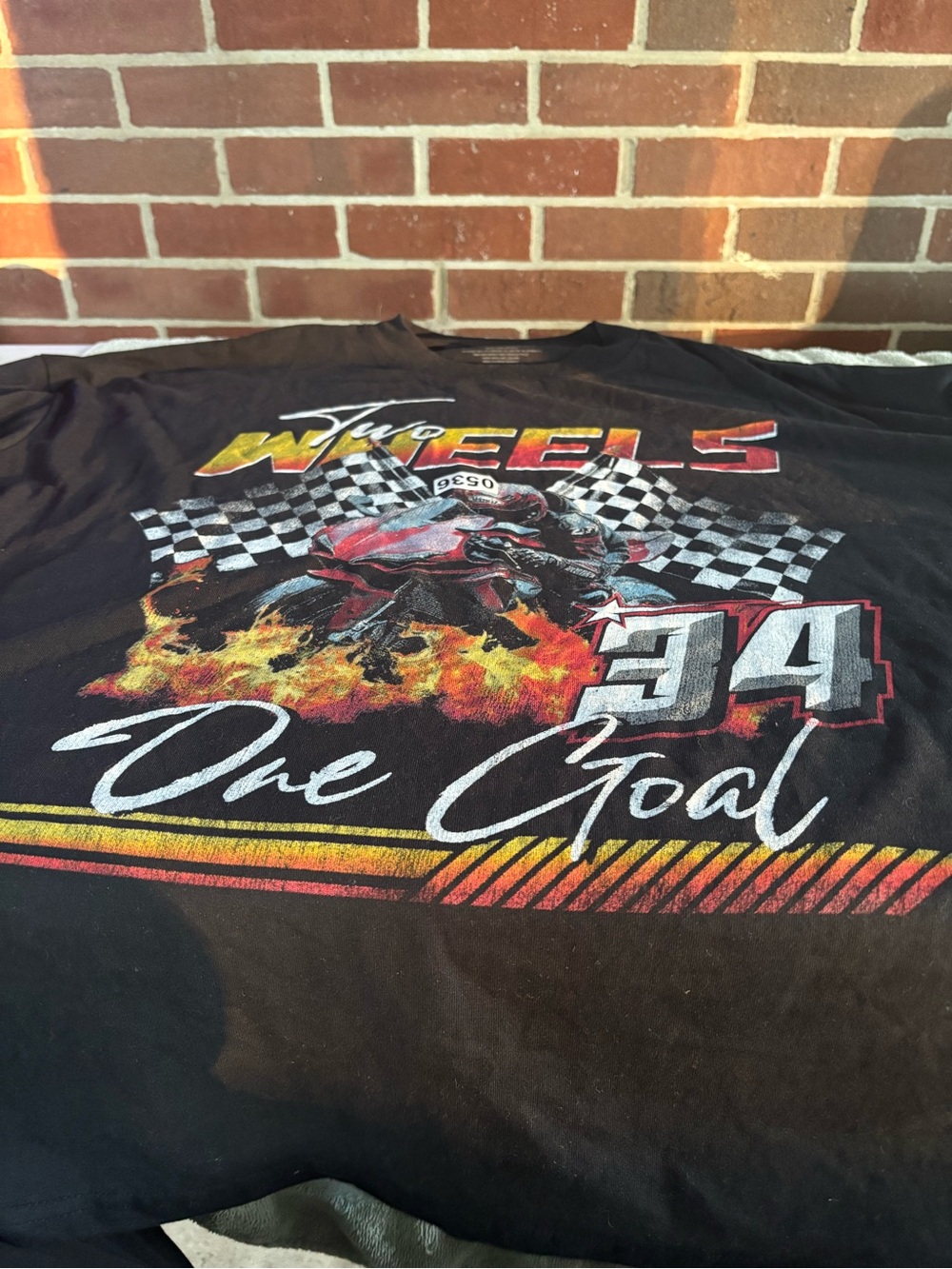Fashion Nova Black Racing Graphic Tee with Red, Yellow and White Accents